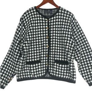 Vintage Houndstooth Knit Cardigan Sweater Lady Jacket Women’s Large Black White